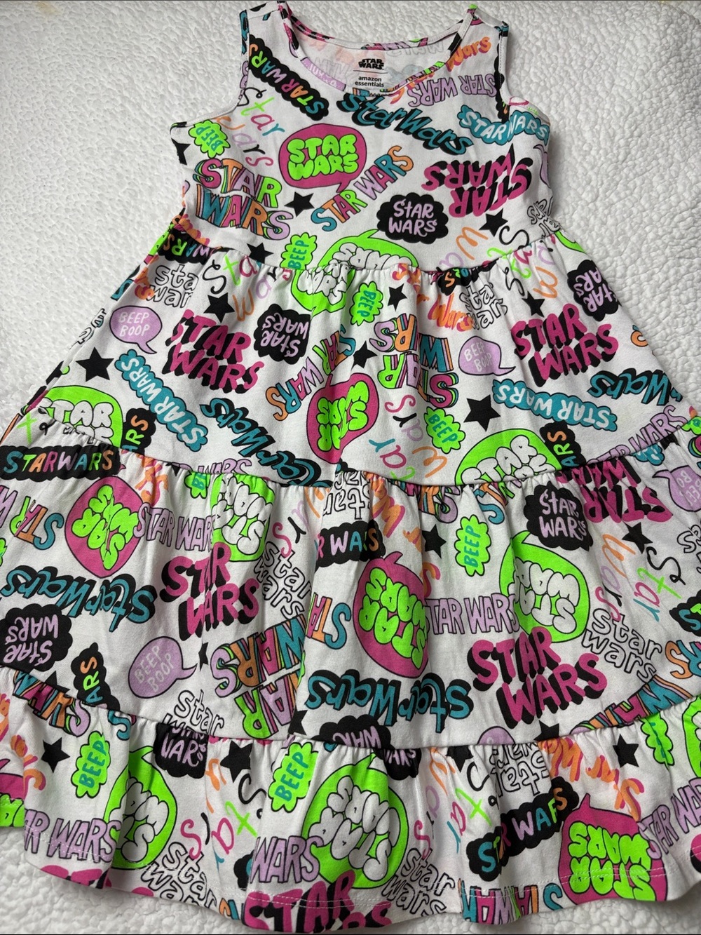 Star Wars White Tiered Dress with Neon Green, Pink and Black Graphics